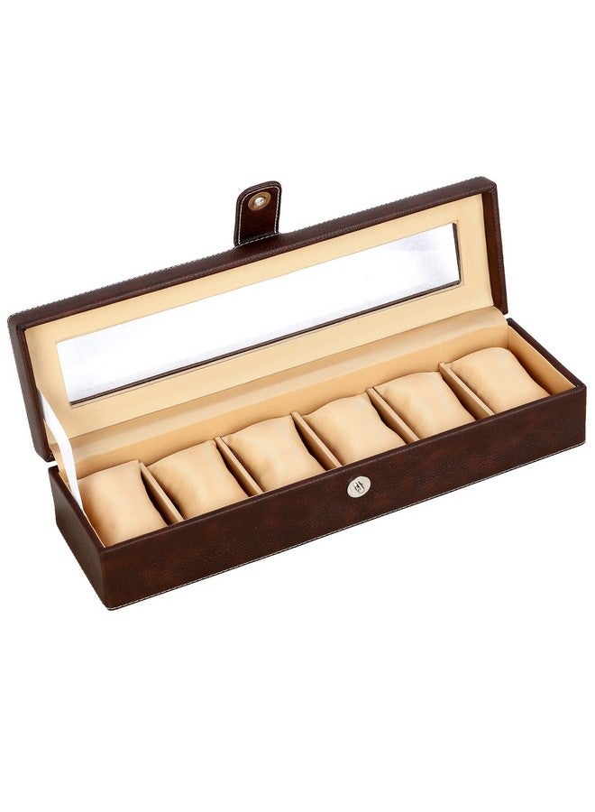Hard Craft Watch Organizer Holder Jewelry Accessories Transparent Display Storage Case Watch Organiser Collection Box 6 Slots In PU Leather For Men Women Brown Color - Image 1