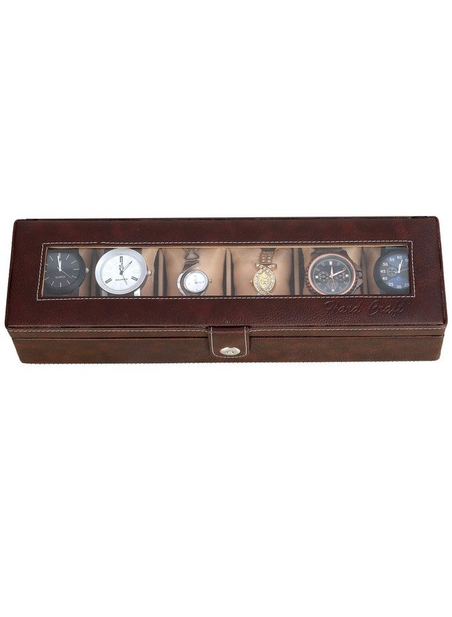 Hard Craft Watch Organizer Holder Jewelry Accessories Transparent Display Storage Case Watch Organiser Collection Box 6 Slots In PU Leather For Men Women Brown Color - Image 3