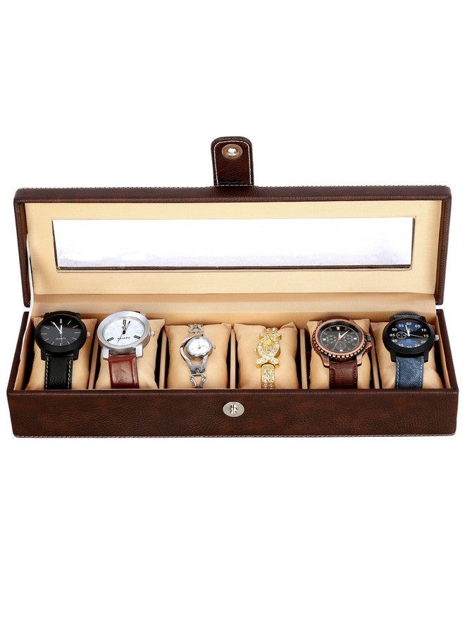Hard Craft Watch Organizer Holder Jewelry Accessories Transparent Display Storage Case Watch Organiser Collection Box 6 Slots In PU Leather For Men Women Brown Color - Image 2