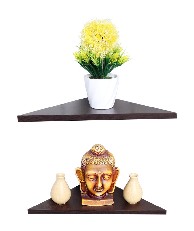 Madhuran Triangle Engineered Wood Wall Mounted Corner Shelf Set of 2 (Wenge) Decorative Bedroom Storage Living Room Self - Image 1