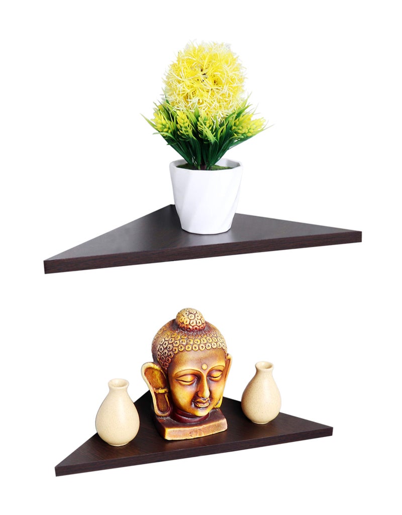 Madhuran Triangle Engineered Wood Wall Mounted Corner Shelf Set of 2 (Wenge) Decorative Bedroom Storage Living Room Self - Image 2