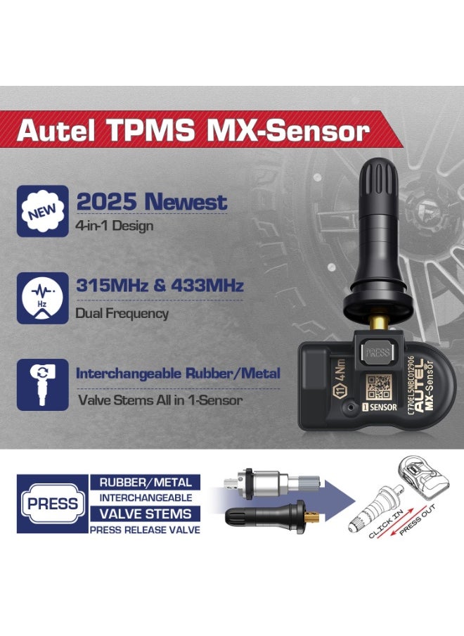 أوتل - مستشعر Autel TPMS MX، مستشعر استبدال الإطارات ثنائي التردد 315 ميجا هرتز + 433 ميجا هرتز لجميع السيارات، نفس مستشعر OE، مستشعر نظام مراقبة الضغط قابل للاستنساخ بنسبة 100% (صمام مطاطي، ضغط، قطعة واحدة) - Image 1