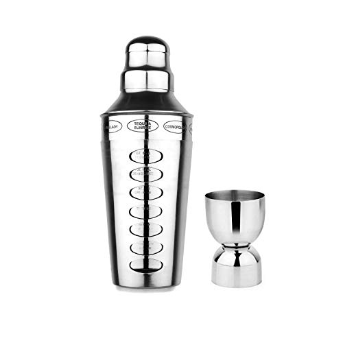 STEREN IMPEX Steren | Stainless Steel Cocktail Shaker, 8 Drink Recipe Guide with Built-in Bartender Strainer & Peg Measurer (30 & 60 ml) - Small, 750 ml - Image 1