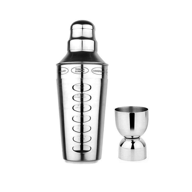 STEREN IMPEX Steren | Stainless Steel Cocktail Shaker, 8 Drink Recipe Guide with Built-in Bartender Strainer & Peg Measurer (30 & 60 ml) - Small, 750 ml - Image 5