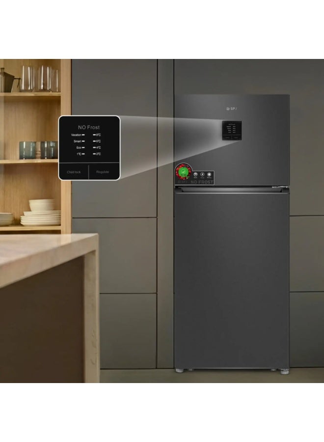 SPJ 420L Top Mount Refrigerator Double Door, Total No Frost, Inverter Compressor, Fast Cooling, LED Display, Low Noise, Adjustable Shelves, Dark Silver - Image 3