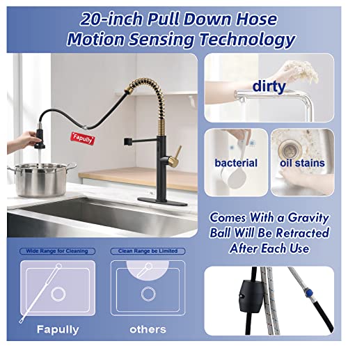 Fapully Touchless Kitchen Faucet with Pull Down Sprayer,Black and Gold Sensor Commercial Pull-Down Single Handle Kitchen Sink Faucet - Image 5