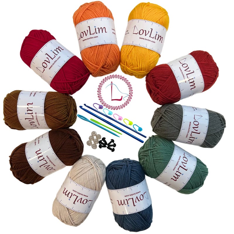 LovLim Crochet Yarn 10x50g Soft Cotton Yarn Skeins 1200 Yards for Crochet and Knitting Free CrochetAmigurumi Patterns Craft DK Yarn Perfect Starter Kit Autumn