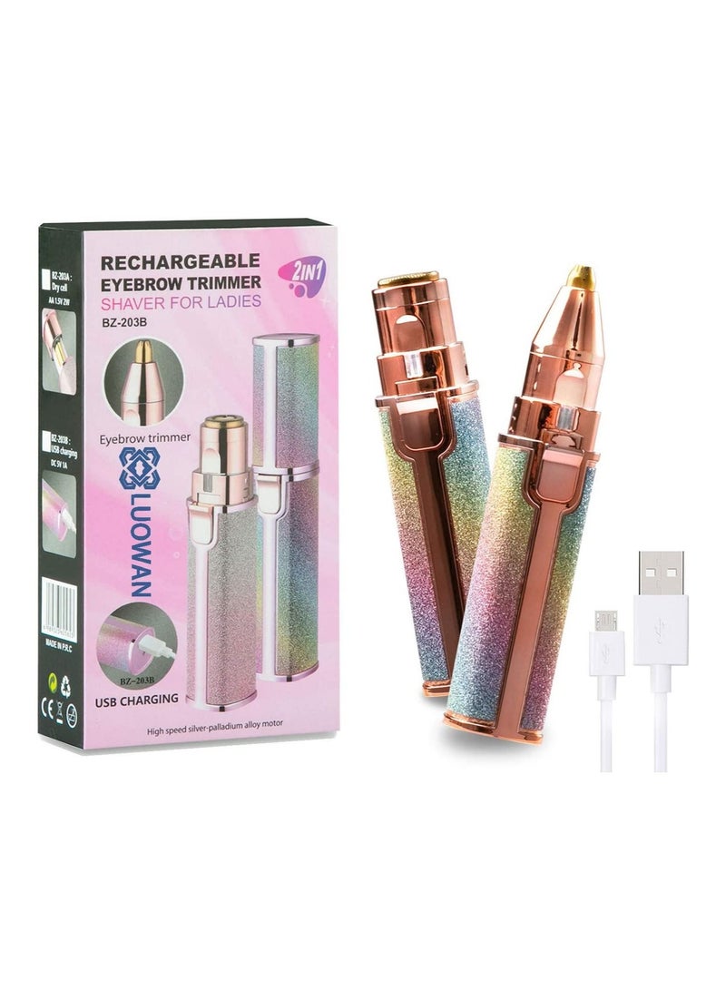 2 in 1 Eyebrow Trimmer & Facial Hair Remover for Women, Rechargeable Eyebrow Razor and Painless Hair Removal, Hair Trimmer and Body Shaver for Lips Nose Face with Two Replacement Heads & LED Light - Image 1