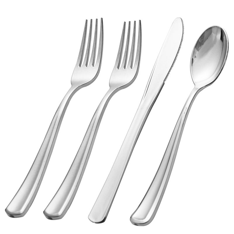 WDF 500PCS Silver Plastic Silverware - Silver Cutlery Plastic Silver Utensils - 250 Silver Forks  125 Silver Spoons  125 Silver Knives  Heavy Duty Plastic Silverware Sets For Parties  Wedding