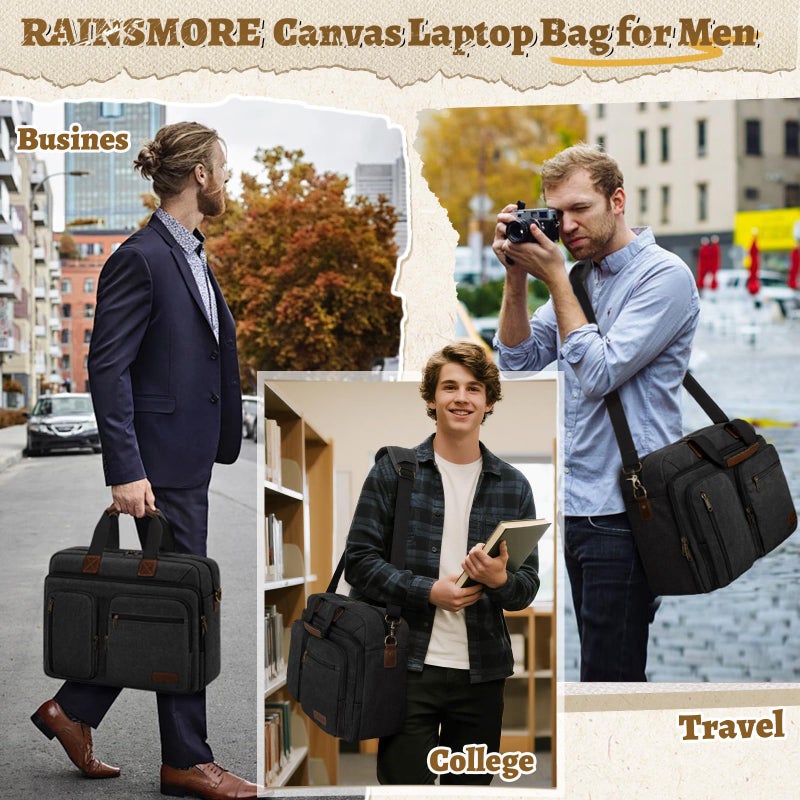 RAINSMORE Mens Laptop Messenger Bag 17.3 Inch Canvas Briefcase Waterproof Vintage Computer Bag Shoulder Bag Satchel Bags for Work College Travel - Image 2