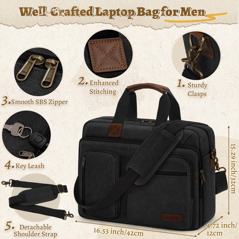 RAINSMORE Mens Laptop Messenger Bag 17.3 Inch Canvas Briefcase Waterproof Vintage Computer Bag Shoulder Bag Satchel Bags for Work College Travel - Image 4
