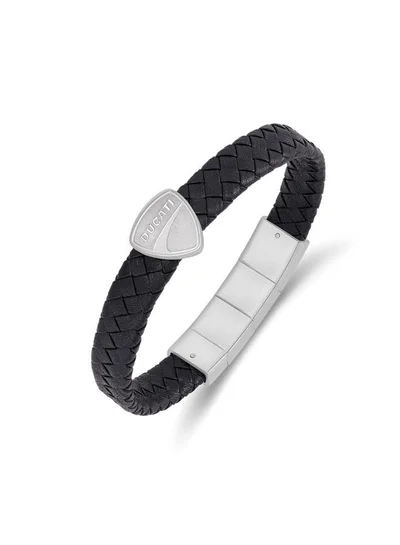 Ducati Stelvio Silver Stainless Steel Black Braided Leather Bracelet for Men 180mm