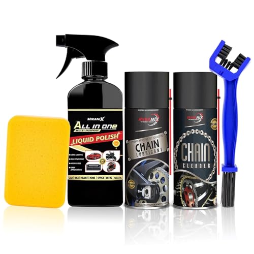 MIKANIX Combo Of Chain Lubricant + Cleaner + Motocycle & Car Polish With Cleaning Brush Cleans Shines & Protects Your Bike Chain | Car Interior & Exterior Cleaning (550 ml) (Pack of 4) - Image 1