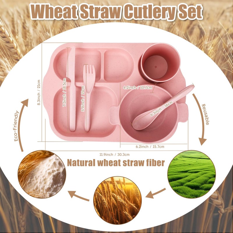 Ratulie 24 PCS Wheat Straw Dinnerware Set for Kids Toddler Plate Bowl Cup Sets Unbreakable BPA-Free Tableware Set with Divided Plate Microwave Dishwasher Safe Perfect for Home School Picnics - Image 2