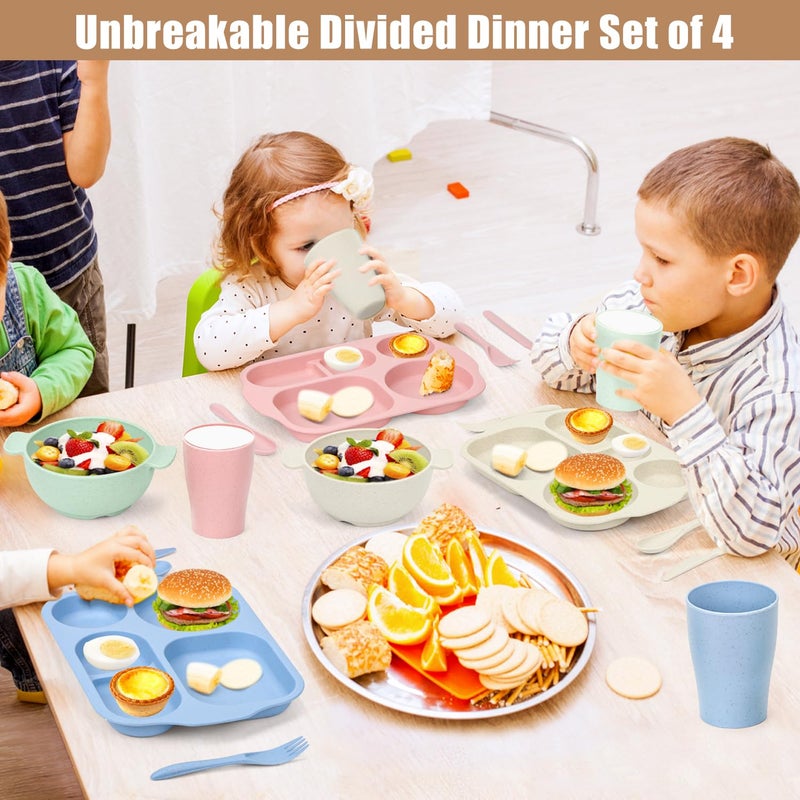 Ratulie 24 PCS Wheat Straw Dinnerware Set for Kids Toddler Plate Bowl Cup Sets Unbreakable BPA-Free Tableware Set with Divided Plate Microwave Dishwasher Safe Perfect for Home School Picnics - Image 5