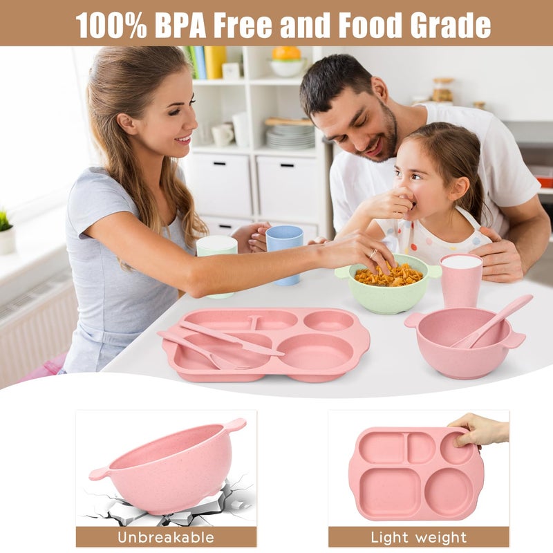 Ratulie 24 PCS Wheat Straw Dinnerware Set for Kids Toddler Plate Bowl Cup Sets Unbreakable BPA-Free Tableware Set with Divided Plate Microwave Dishwasher Safe Perfect for Home School Picnics - Image 3