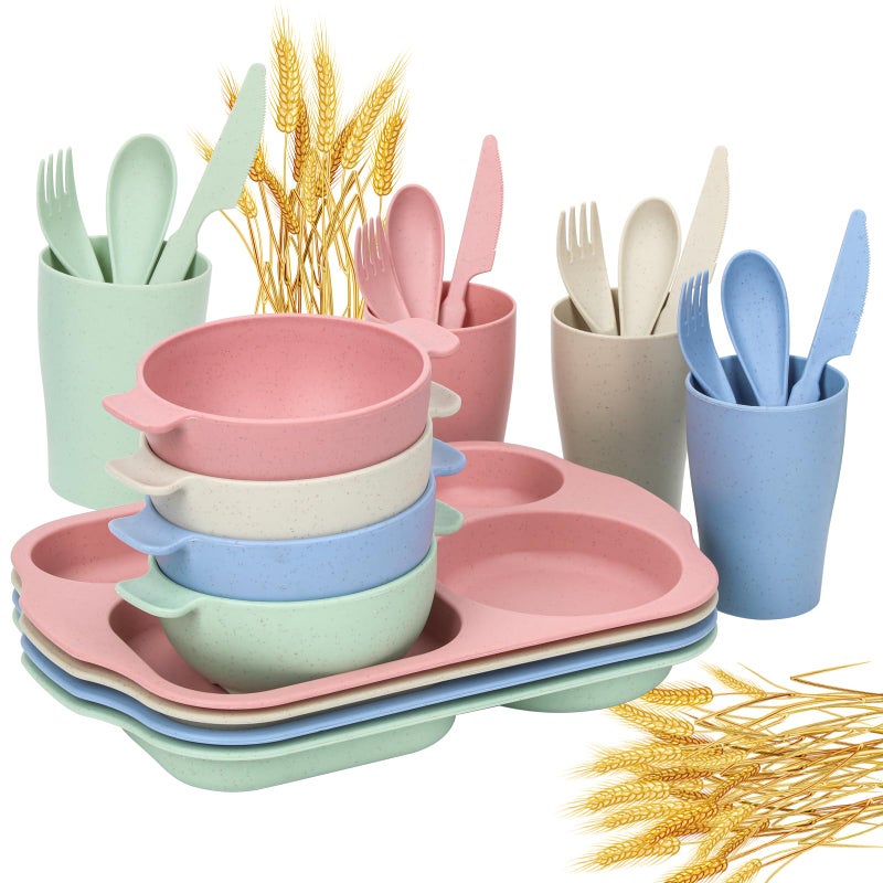Ratulie 24 PCS Wheat Straw Dinnerware Set for Kids Toddler Plate Bowl Cup Sets Unbreakable BPA-Free Tableware Set with Divided Plate Microwave Dishwasher Safe Perfect for Home School Picnics - Image 1