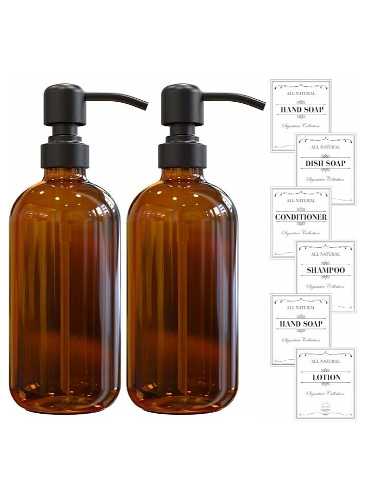 Entice Goods 2-Pack Amber Glass Soap Dispenser with Matte Black Stainless-Steel Pump,16 Oz Brown Dish and Hand Soap Dispenser Set Reusable Apothecary Soap Pump Dispenser bottle for Bathroom Kitchen  - Image 1
