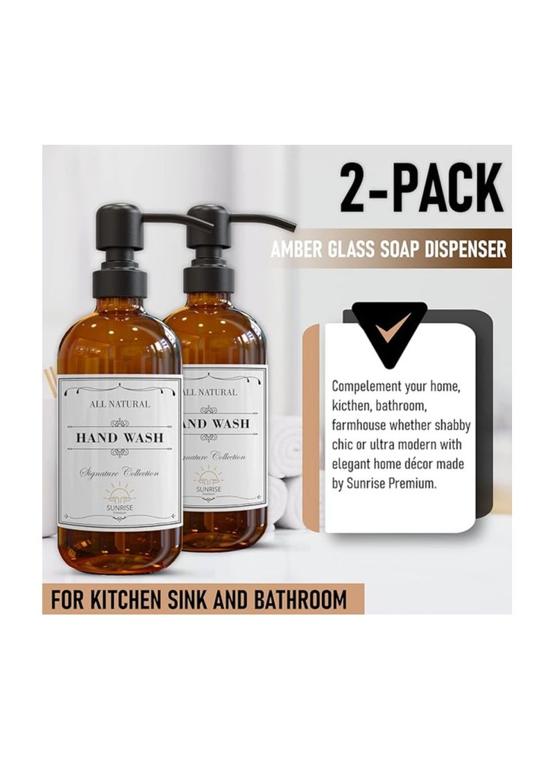 Entice Goods 2-Pack Amber Glass Soap Dispenser with Matte Black Stainless-Steel Pump,16 Oz Brown Dish and Hand Soap Dispenser Set Reusable Apothecary Soap Pump Dispenser bottle for Bathroom Kitchen  - Image 2