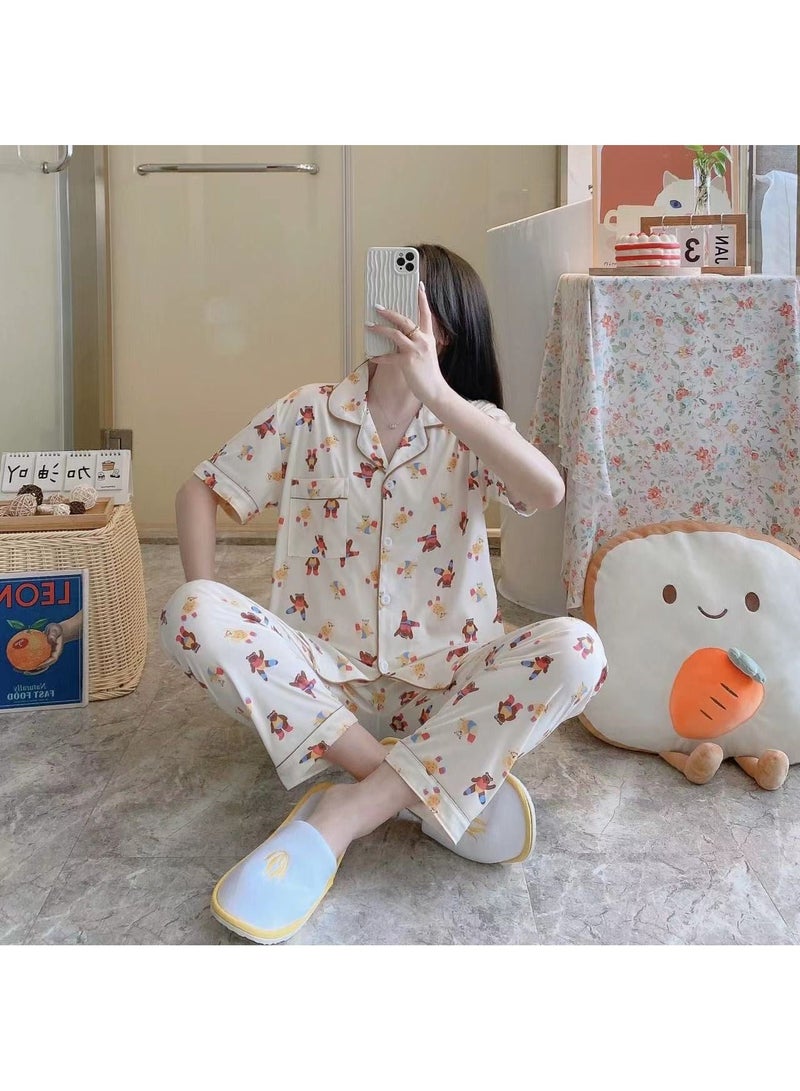 DubaiGallery Women Pyjamas Set PJ Ladies Silk Satin Short Sleeve Print Button Up Loungewear