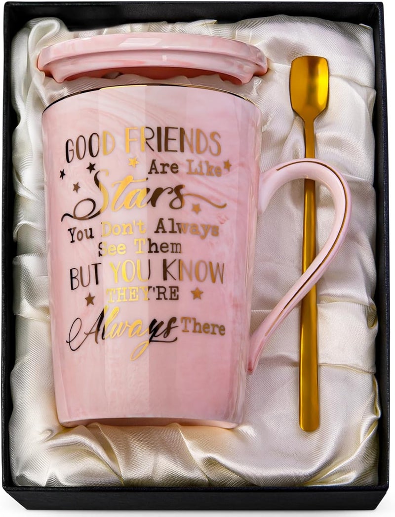 ALBISS Best Friend Birthday Gifts for Women, Unique Birthday Christmas Gift for Her，Friends，Besties - 14Oz Pink Marble Ceramic Gold Print Coffee Mug with Spoon Lid Card & Gift Box - Image 1