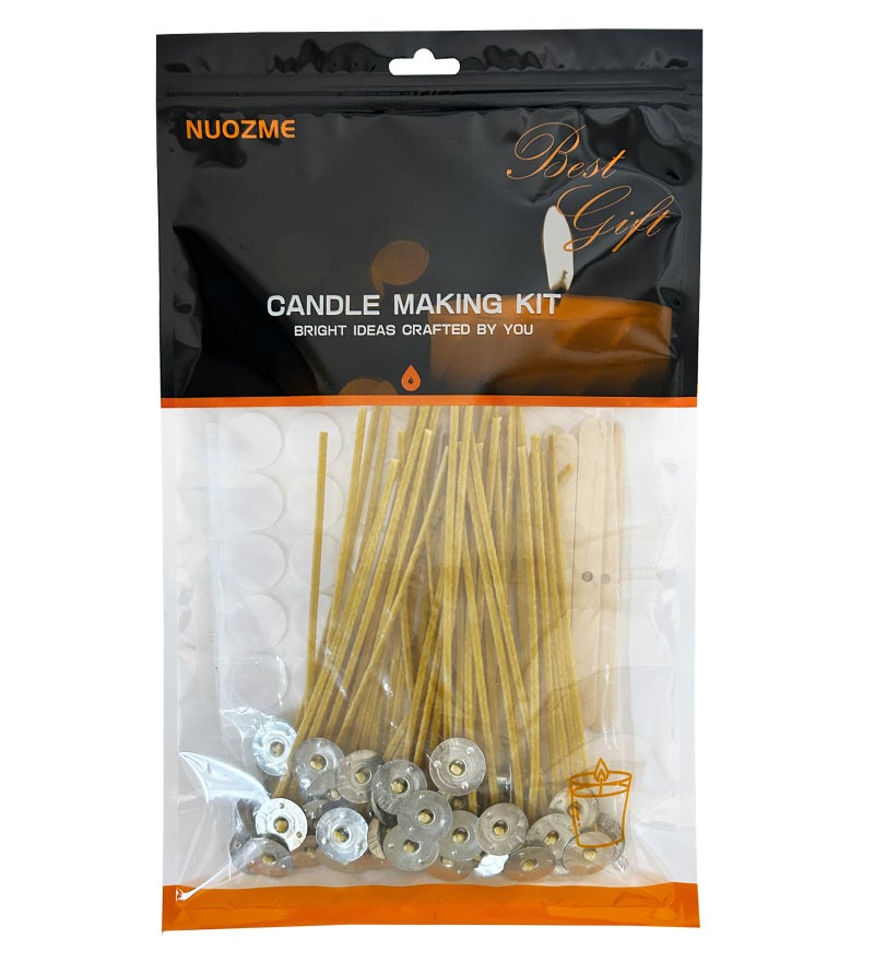 Nuozme 50 Pcs 6" Natural Candle Wicks,Pre-Waxed by 100% Beeswax & Tabbed with 60Pcs Candle Wick Stickers and 5 Pcs Wooden Candle Wick Centering Device, for Candle Making，Candle DIY - Image 1