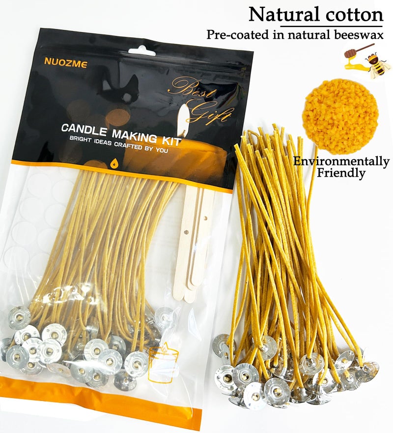 Nuozme 50 Pcs 6" Natural Candle Wicks,Pre-Waxed by 100% Beeswax & Tabbed with 60Pcs Candle Wick Stickers and 5 Pcs Wooden Candle Wick Centering Device, for Candle Making，Candle DIY - Image 2