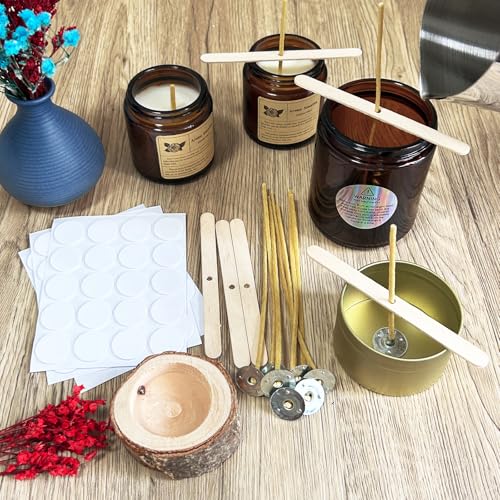 Nuozme 50 Pcs 6" Natural Candle Wicks,Pre-Waxed by 100% Beeswax & Tabbed with 60Pcs Candle Wick Stickers and 5 Pcs Wooden Candle Wick Centering Device, for Candle Making，Candle DIY - Image 5
