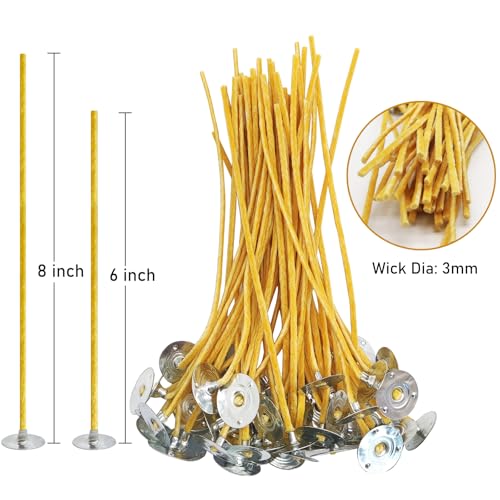 Nuozme 50 Pcs 6" Natural Candle Wicks,Pre-Waxed by 100% Beeswax & Tabbed with 60Pcs Candle Wick Stickers and 5 Pcs Wooden Candle Wick Centering Device, for Candle Making，Candle DIY - Image 3