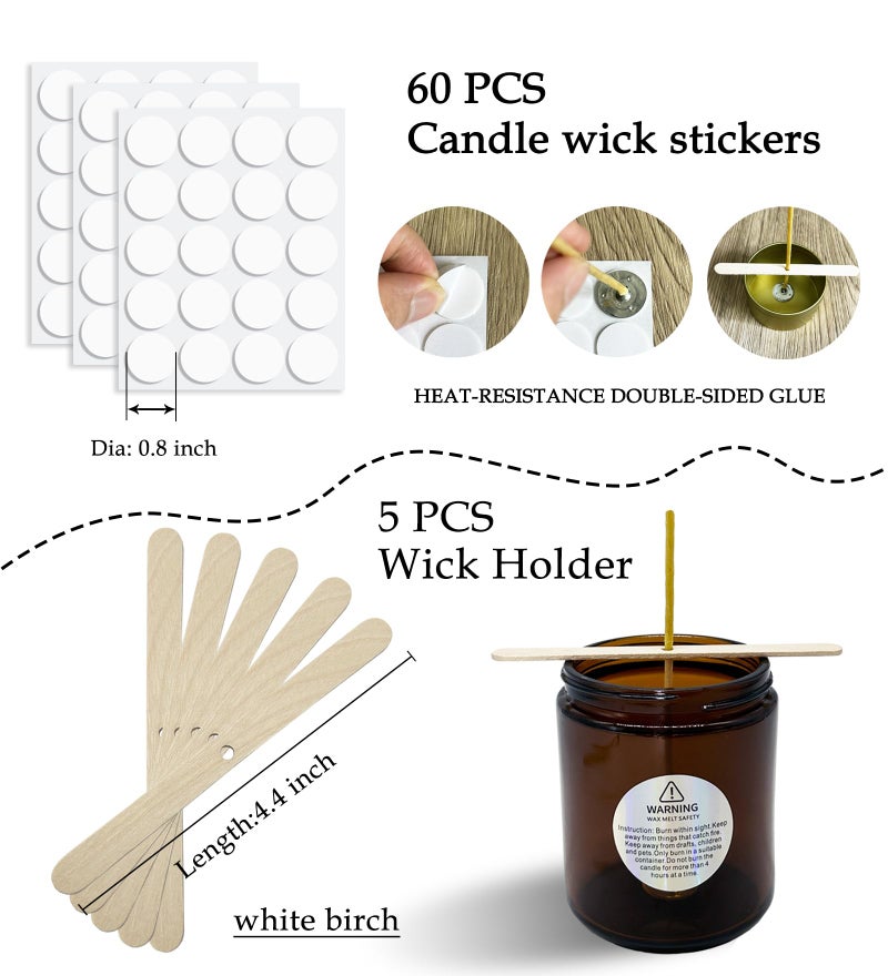 Nuozme 50 Pcs 6" Natural Candle Wicks,Pre-Waxed by 100% Beeswax & Tabbed with 60Pcs Candle Wick Stickers and 5 Pcs Wooden Candle Wick Centering Device, for Candle Making，Candle DIY - Image 4