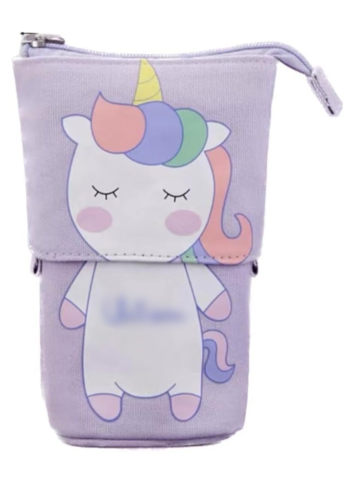 Pencil Holder, Transformer Stand Store Pencil Holder Canvas PU Cartoon Cute Cat Telescopic Organizer Cosmetics Pouch Makeup Bag Stand up Telescopic Pencil Case for Student Girl Boy Adult（Purple) - Image 1