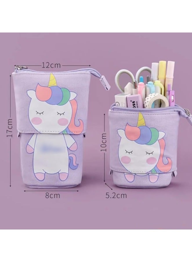 Pencil Holder, Transformer Stand Store Pencil Holder Canvas PU Cartoon Cute Cat Telescopic Organizer Cosmetics Pouch Makeup Bag Stand up Telescopic Pencil Case for Student Girl Boy Adult（Purple) - Image 2