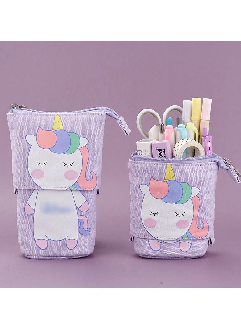Pencil Holder, Transformer Stand Store Pencil Holder Canvas PU Cartoon Cute Cat Telescopic Organizer Cosmetics Pouch Makeup Bag Stand up Telescopic Pencil Case for Student Girl Boy Adult（Purple) - Image 3
