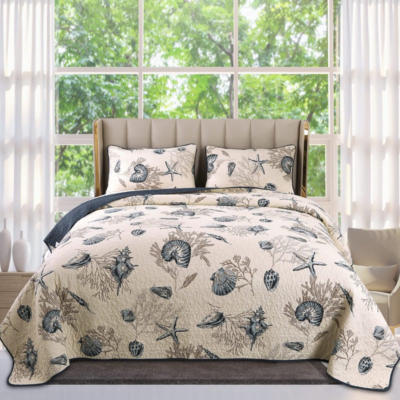 Comforbed Coastal Quilts Queen Size 3Piece Starfish Shell Pattern Queen Beach Themed Bed Spreads Soft Cotton Coastal Quilt Set with Pillowcases All Seasons Quilt Bedding Set 90x98 Inch
