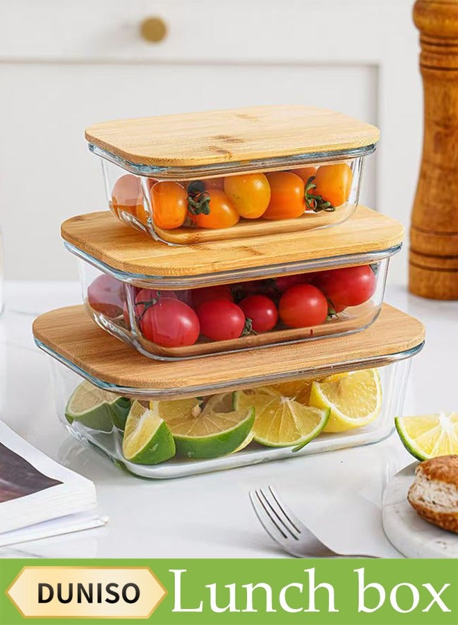 DUNISO مجموعة حاويات طعام من زجاج البورسليكات 3 قطع، صندوق غداء مع غطاء، صندوق حفظ مستطيل، صندوق تخزين الطعام، منظم خزانة المطبخ، مقاوم لدرجات الحرارة العالية، سهل التنظيف، مناسب لتخزين الخضروات والفواكه واللحوم - Image 1