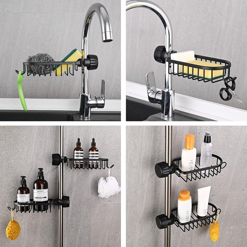 KEYOZA Kitchen Sink Faucet Sponge Holder Caddy Organizer Over, Stainless Steel Heavy Duty Thickening Hanging Drain Rack for scrubbers, soap, Bathroom, Detachable no Suction Cup Bathroom (BLACK-2PC) - Image 5