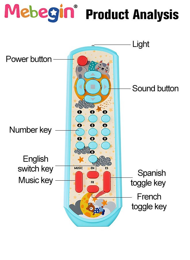 MEBEGIN Kids TV Remote Control Toy with Light and Sound, Early Multi-Language Educational Sensory Learning Toys, Learning Musical Sensory Toy with 3 Different Languages, 2 AAA batteries(not included)  - Image 4