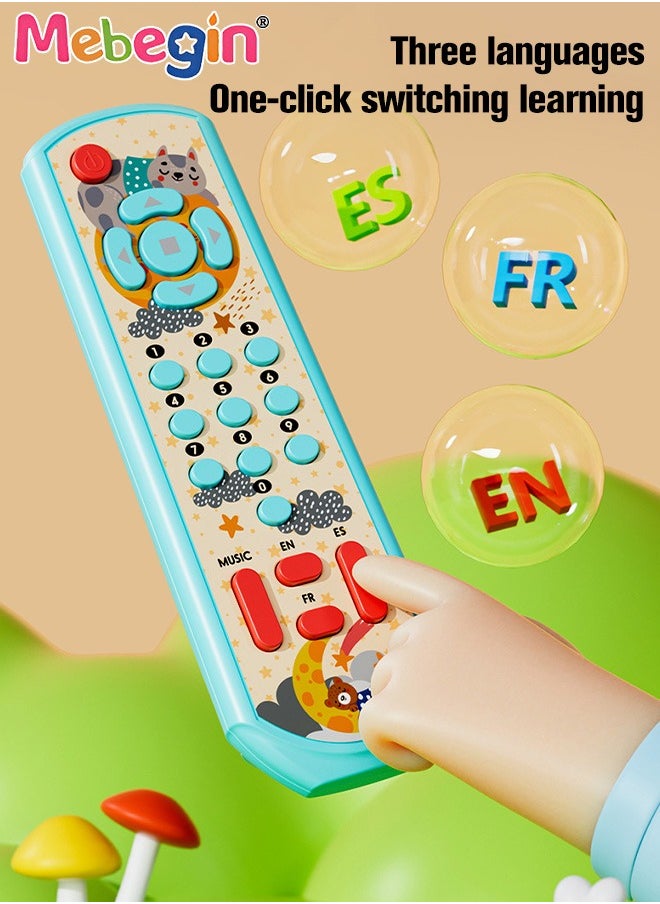 MEBEGIN - Kids TV Remote Control Toy with Light and Sound, Early Multi-Language Educational Sensory Learning Toys, Learning Musical Sensory Toy with 3 Different Languages, 2 AAA batteries(not included) - Image 1