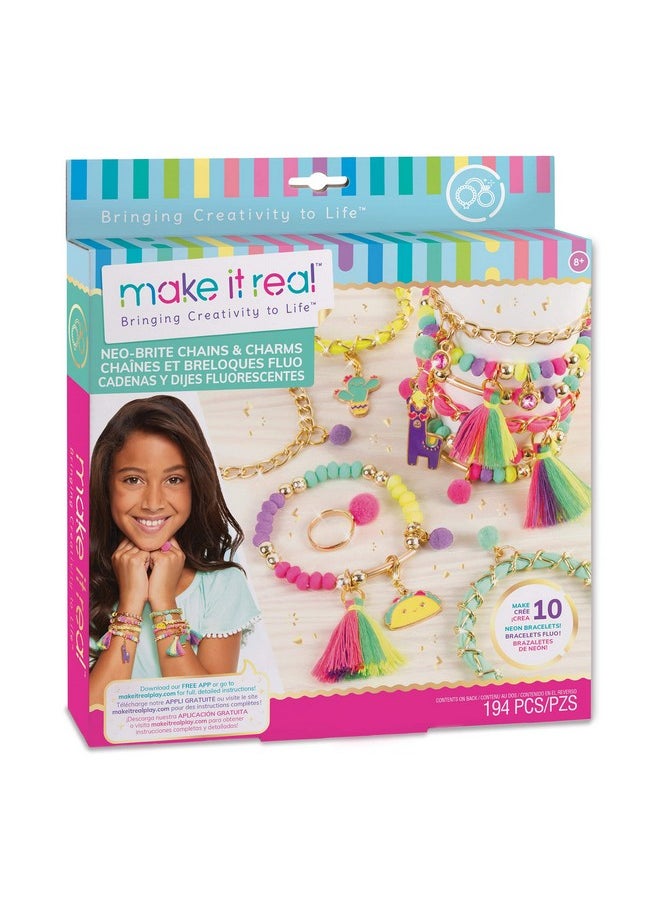 Make It Real Make It Real: Neo-Brite Chains & Charms Kit - Create 10 Unique Cord & Tassel Charm Bracelets, 195 Pieces, Includes Play Tray,DIY Playful Charm & Jewelry Kit, Tweens & Girls, Arts & Crafts, Ages 8+  - Image 1
