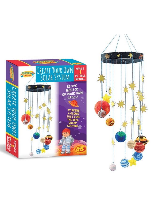 Peachy Keen Crafts STEM Learning Fun with 3D Solar System Kit: Complete DIY Mobile Hanging Model, 27-Inch Long with 9 Foam Planets & Sun, 3D Solar System with Paintable Planets, Glow in the Dark Paint, Easy Instructions - Image 1