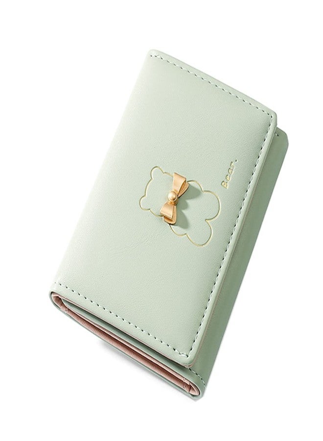 Valentoria Small Wallets for Girls Cute Bear Print Wallet Small Tri-folded Wallet Cash Pocket Card Holder ID Window Purse for Women (Green) - Image 1