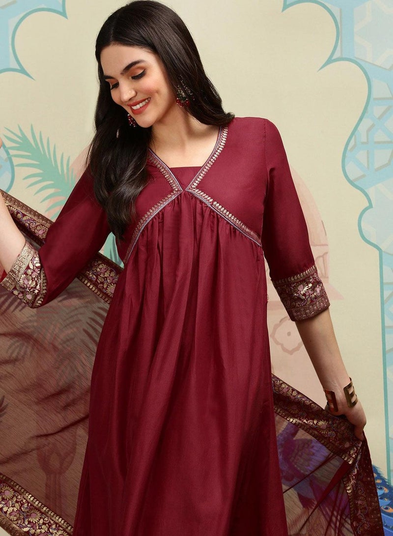 ISHIN Women's Maroon 100% Polyester Printed Tunic Full Length Casual Regular Fit Kurta Set - Image 2