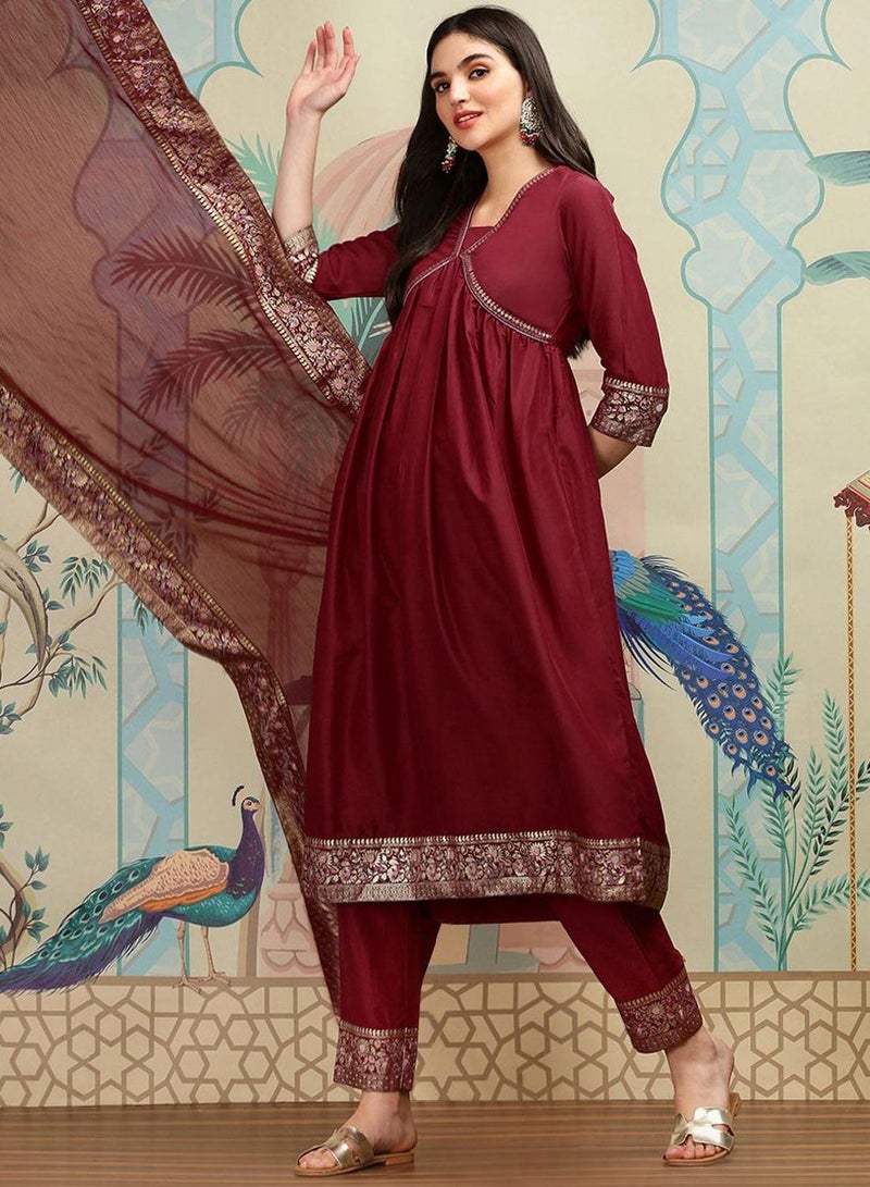 ISHIN Women's Maroon 100% Polyester Printed Tunic Full Length Casual Regular Fit Kurta Set - Image 5