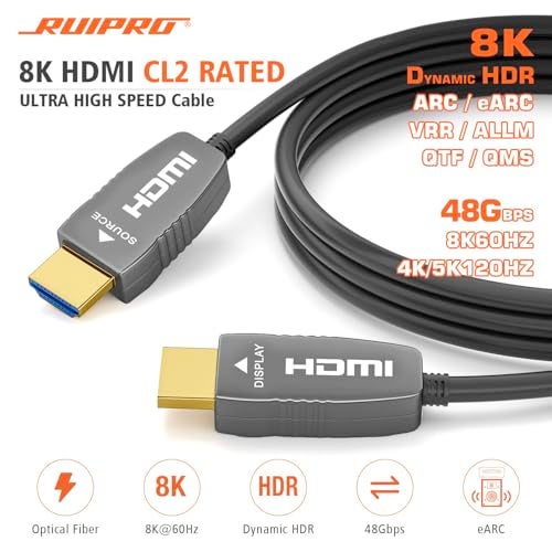 RUIPRO 8K HDMI Ultra High Speed Latest 21b Certified Fiber Optic Cable CL2 Rated 33 Feet 8K60Hz 4K120Hz 48Gbps eARC HDR HDCP23 for RTX4080409030803090 Xbox PS5 AVR Projector LGSamsungSony - Image 3