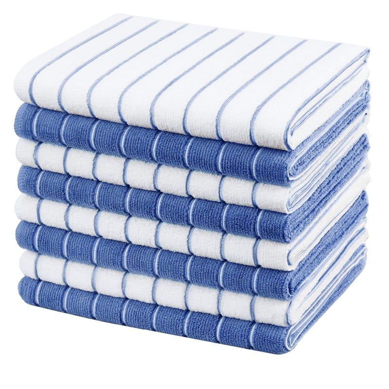 gryeer Microfibre Tea Towels  Pack of 8 Stripe Designed Blue and White Colours  Soft Super Absorbent and Lint Free Kitchen Towels 45 x 65 cm