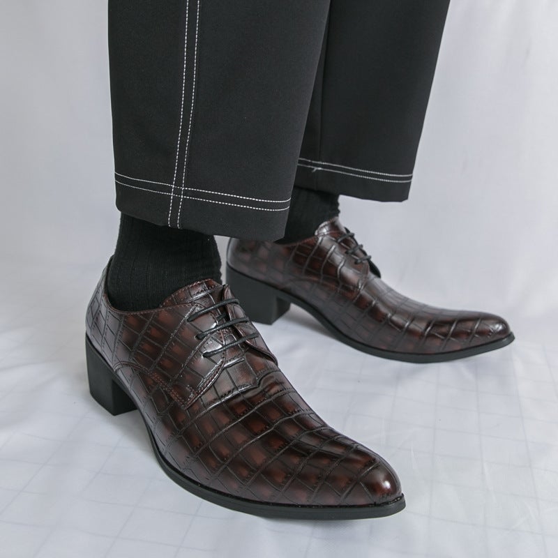 Men'S High-Heeled Outer High-Pressure Embossed Leather Shoes 2025 Spring & Fall New Lace-Up Wedding Business Formal Leather Shoes For Men - Image 2