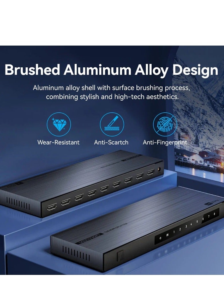 فينشن موزع HDMI 8 منافذ الترا اتش دي، دعم ثلاثي الابعاد 4K عند 60 هرتز، نقل اشارة 30 متر، اتصال متتالي، تصميم الومنيوم مصقول، توافق واسع للتلفزيونات والشاشات واجهزة العرض والمزيد - Image 3
