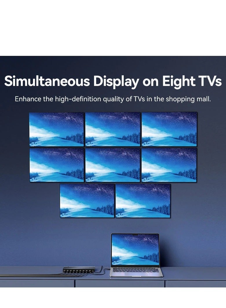 فينشن موزع HDMI 8 منافذ الترا اتش دي، دعم ثلاثي الابعاد 4K عند 60 هرتز، نقل اشارة 30 متر، اتصال متتالي، تصميم الومنيوم مصقول، توافق واسع للتلفزيونات والشاشات واجهزة العرض والمزيد - Image 4