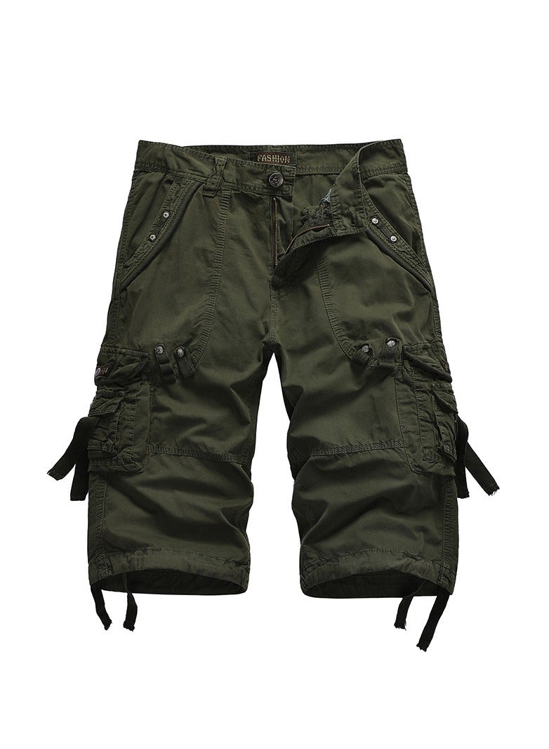 Men's New Sports Shorts Pure Cotton Wash Capris Army Green - Image 1