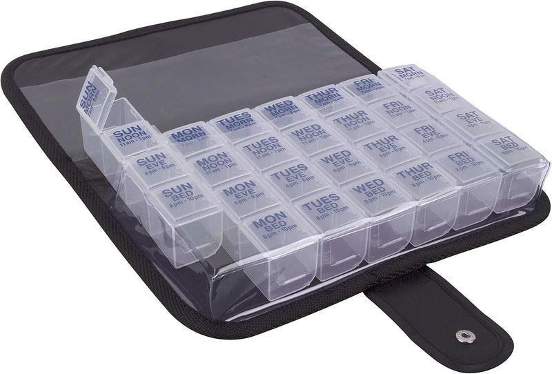 Ezy Dose Weekly 7-Day Pill Organizer with Carrying Case - Large Pop-Out Compartments for 4 Times a Day - Image 1